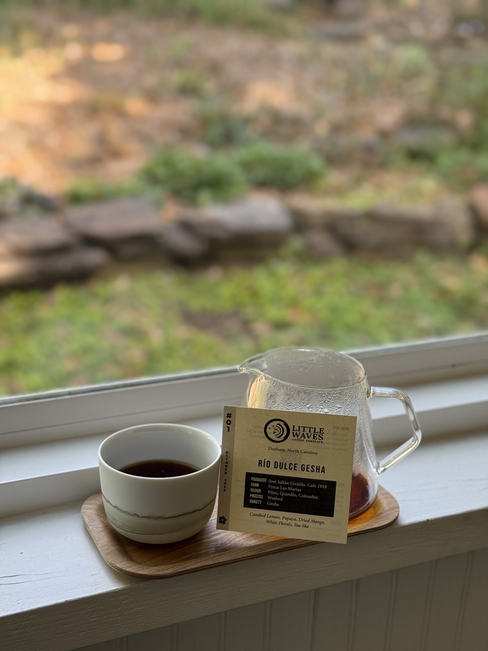 A Little Waves pour-over by the window with its feature card