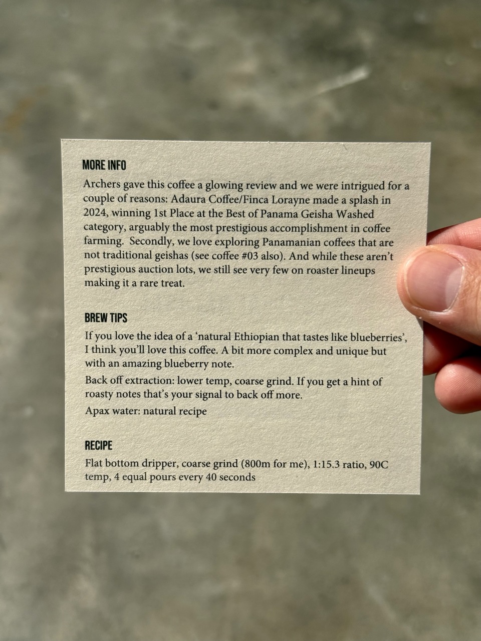 A printed card with More Info, Brew Tips and a Recipe